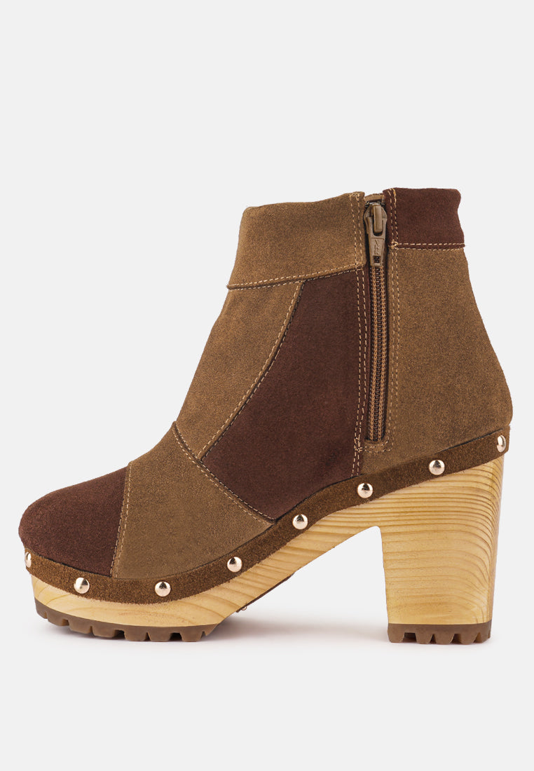 HURON Brown Fine Suede Patchwork Ankle Boots_tan-brown