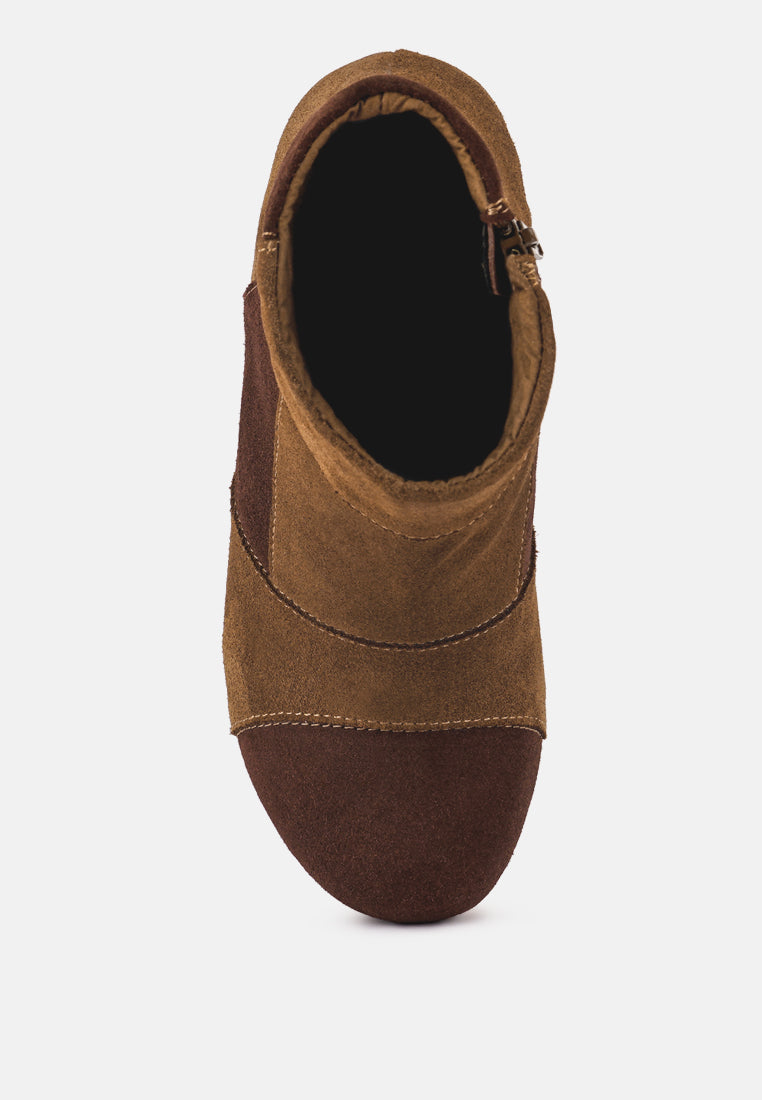 HURON Brown Fine Suede Patchwork Ankle Boots_tan-brown