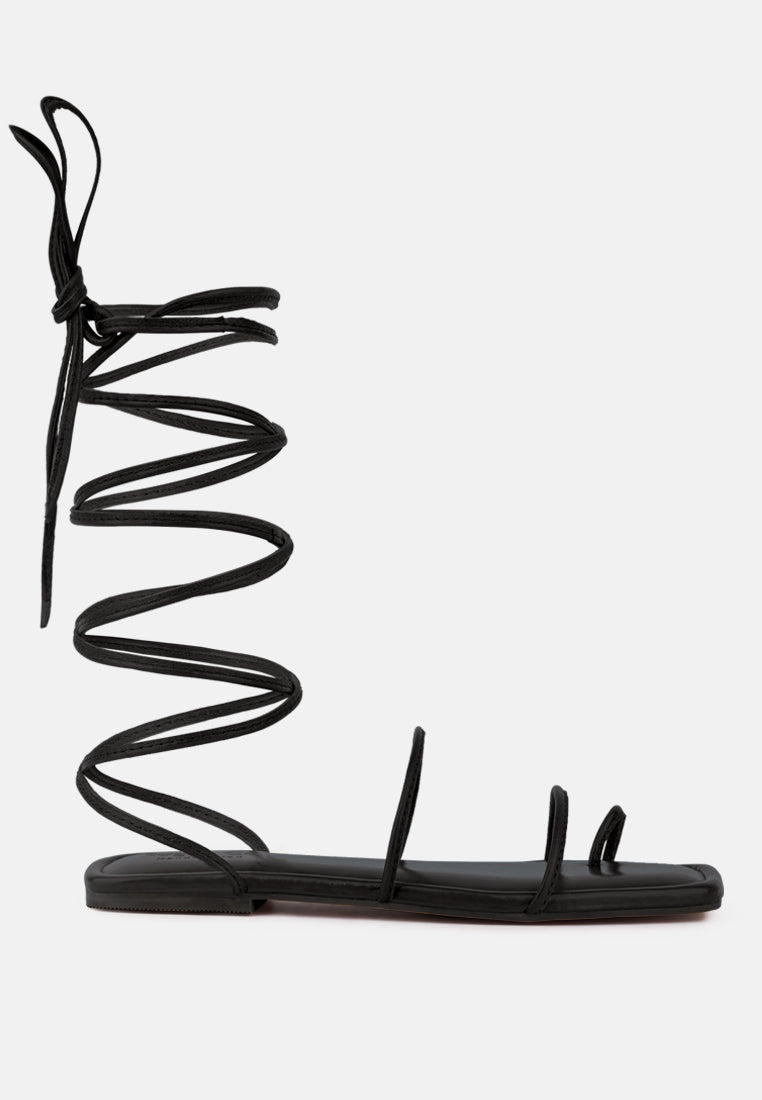 AMATHA Black Essential Toe Ring Summer Leather Flats_Black