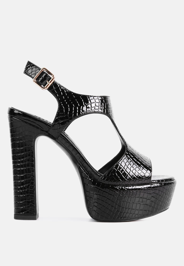 CROFT Croc High Heeled Cut Out Sandals in Black_Black