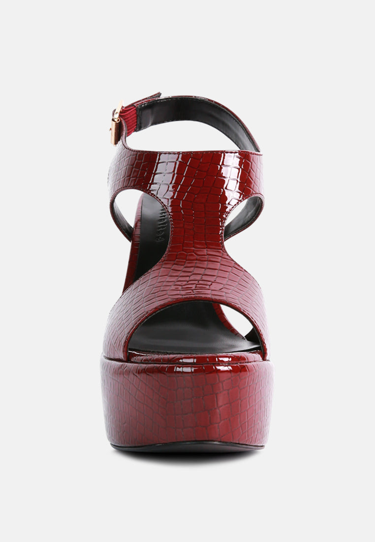 CROFT Croc High Heeled Cut Out Sandals in Burgundy_Burgundy