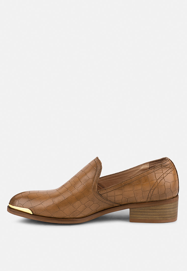 LILLIAM Tan Metal Highlight Casual Leather Loafers#color_tan