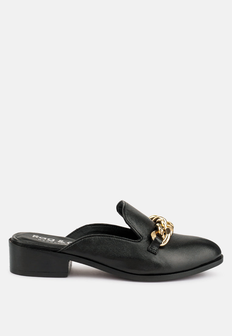 AKSA Chain Embellished Black Leather Mules#color_black