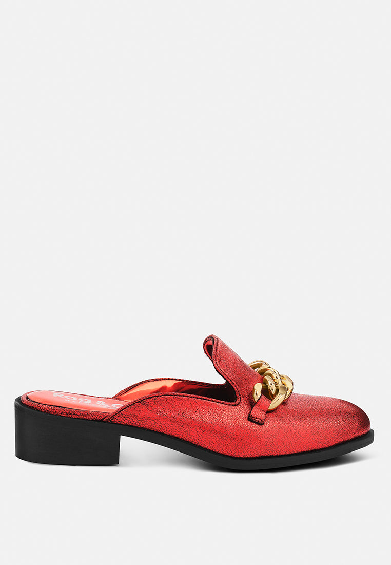 AKSA Chain Embellished Metallic Red Leather Mules#color_red