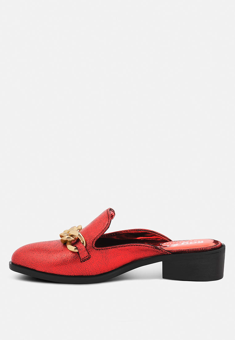 AKSA Chain Embellished Metallic Red Leather Mules#color_red