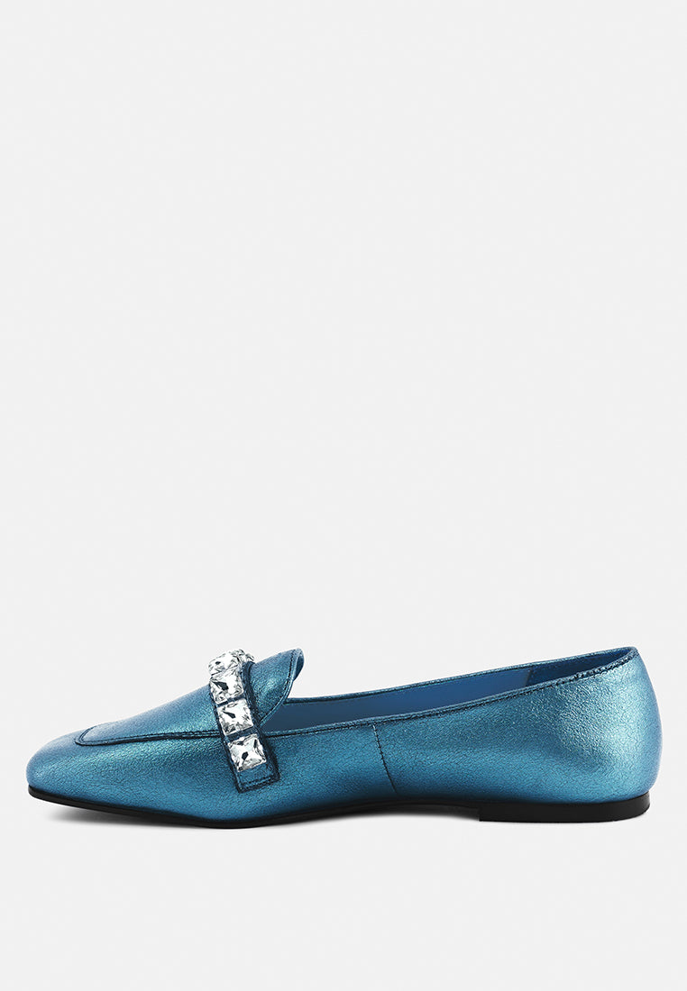 churros blue metallic diamante leather loafers_blue