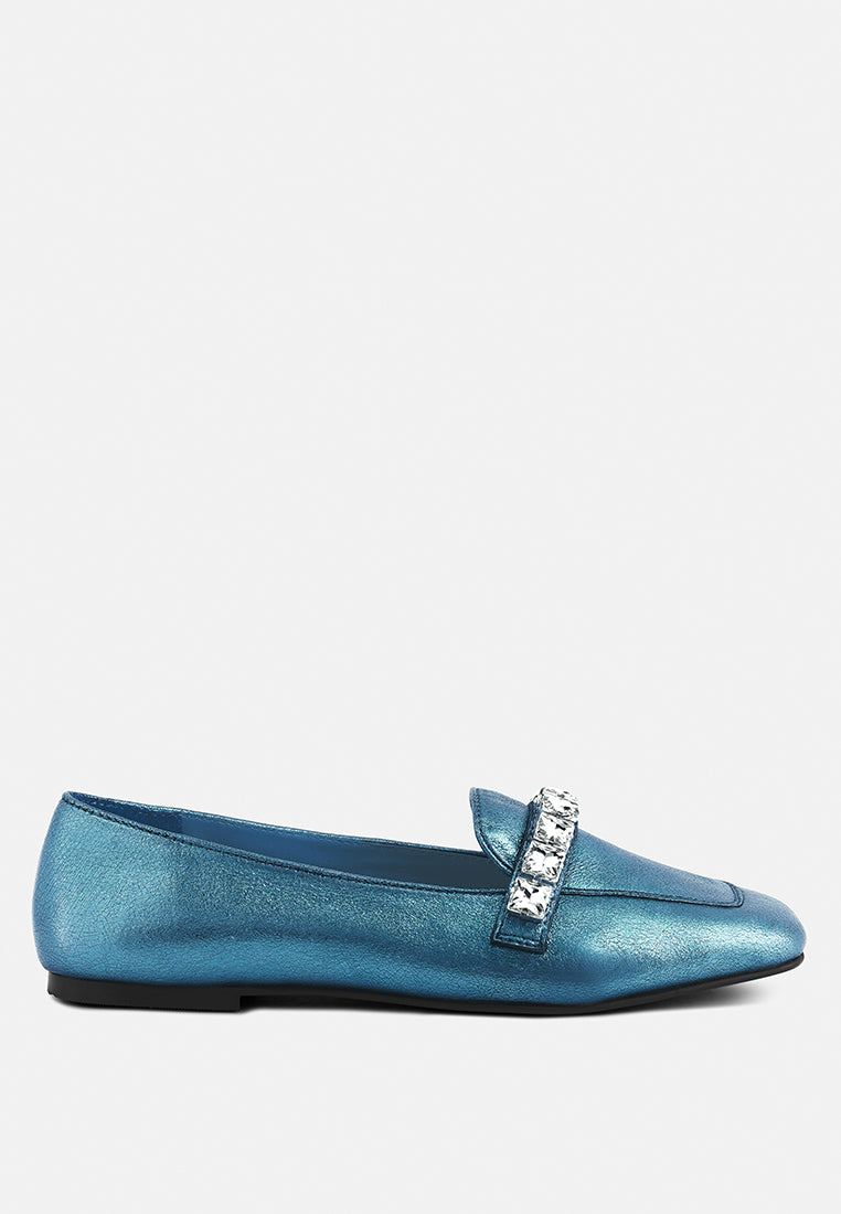 churros blue metallic diamante leather loafers_blue