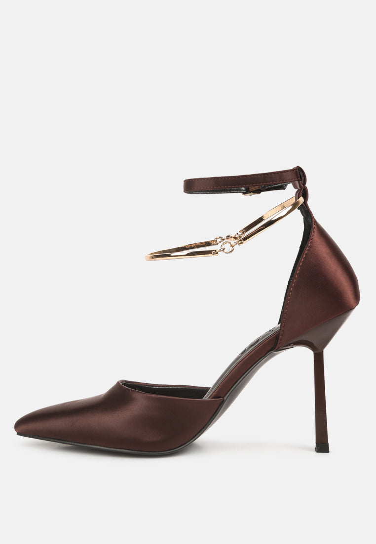 HOBNOB Satin High Heeled Anklet Sandals in Dark Brown#color_Dark Brown