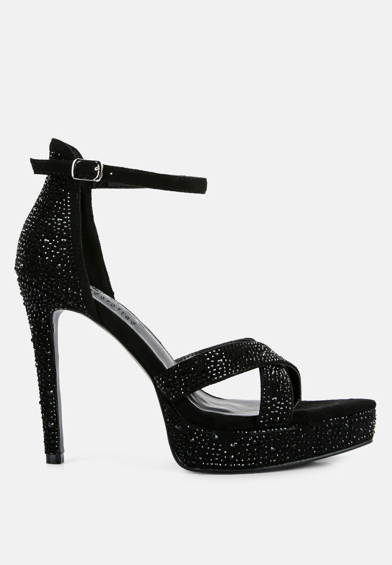 REGALIA Black Diamante Studded High Heel Dress Sandals_Black