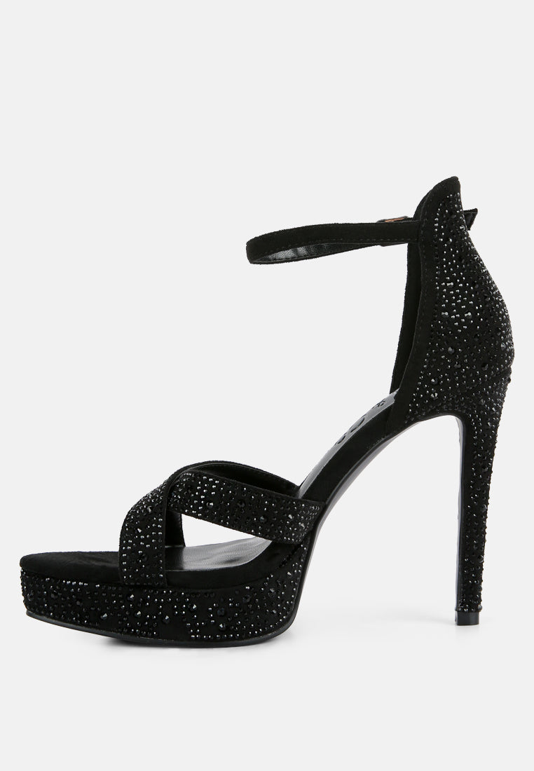 REGALIA Black Diamante Studded High Heel Dress Sandals_Black