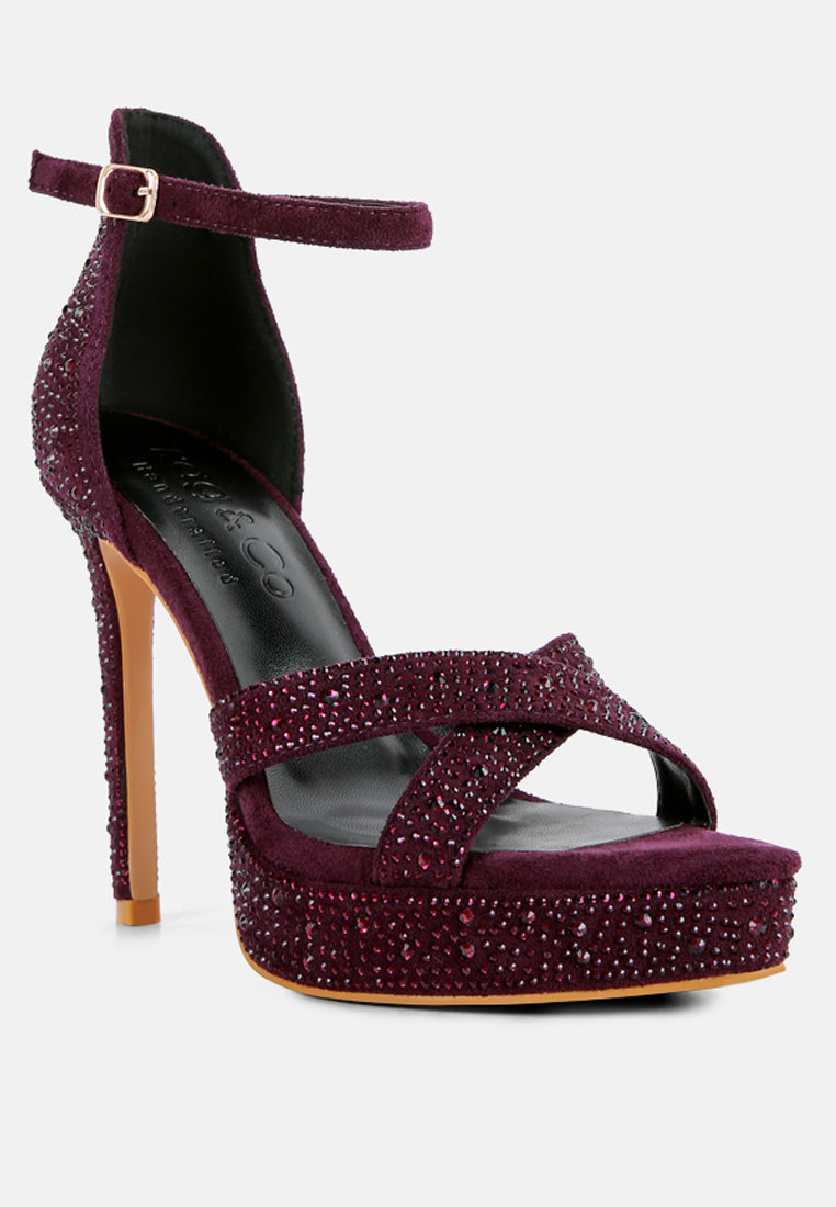 REGALIA Purple Diamante Studded High Heel Dress Sandals_Purple
