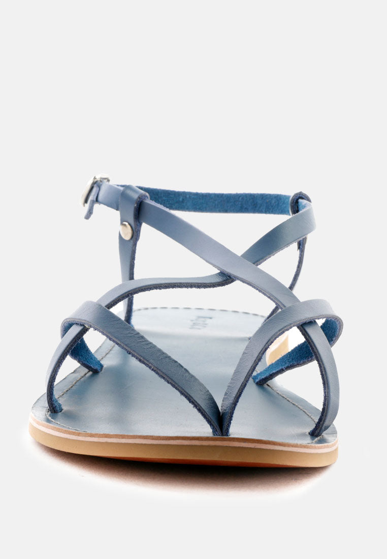 RITA Blue Strappy Flat Leather Sandals-Blue