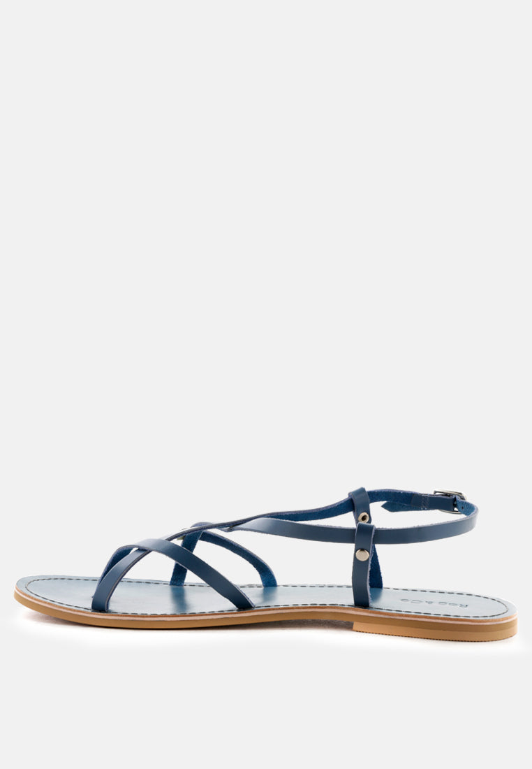 RITA Blue Strappy Flat Leather Sandals-Blue
