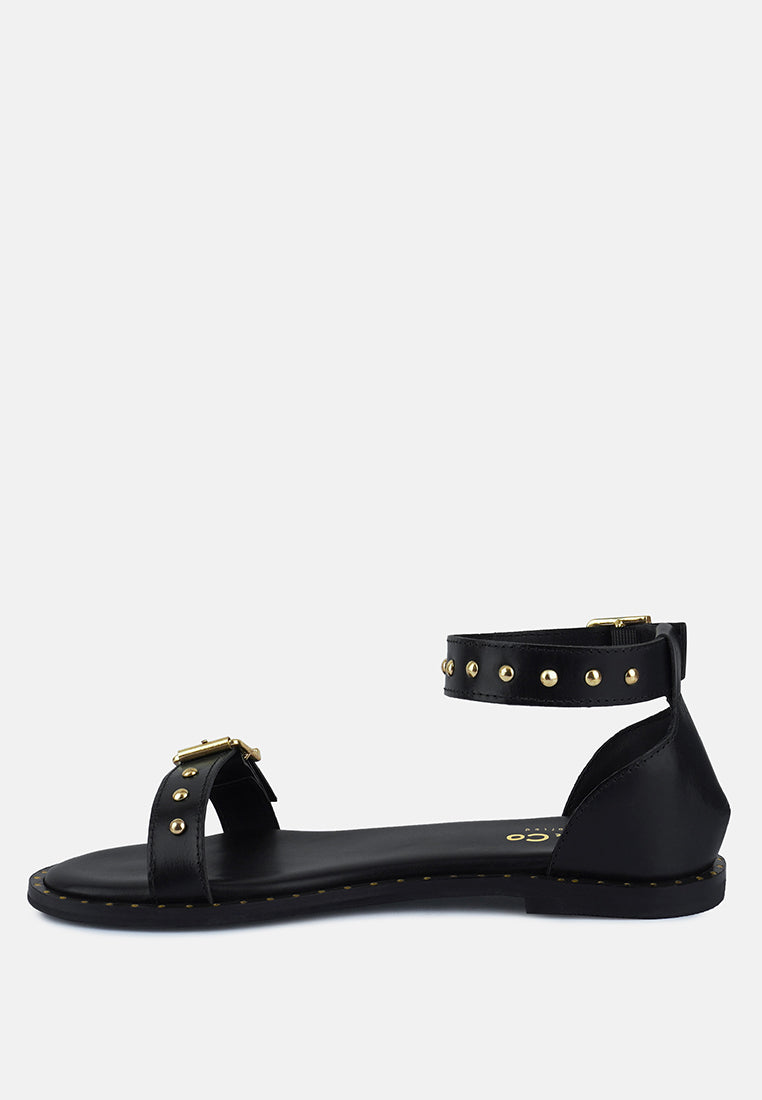 ROSEMARY Buckle Straps Black Flat Sandals#color_black
