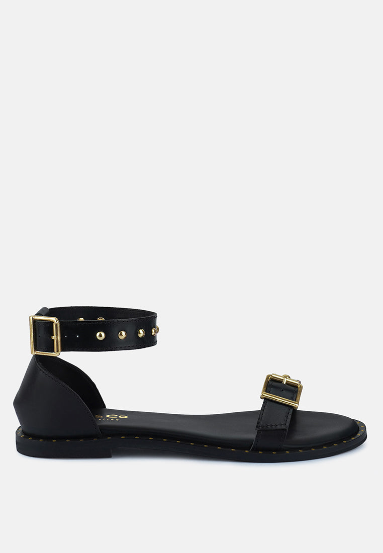 ROSEMARY Buckle Straps Black Flat Sandals#color_black