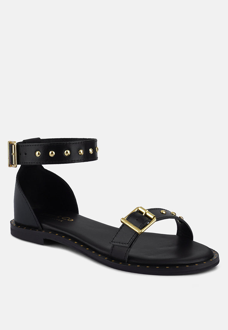 ROSEMARY Buckle Straps Black Flat Sandals#color_black