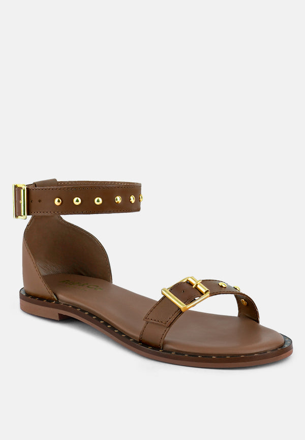 ROSEMARY Buckle Straps Tan Flat Sandals#color_tan