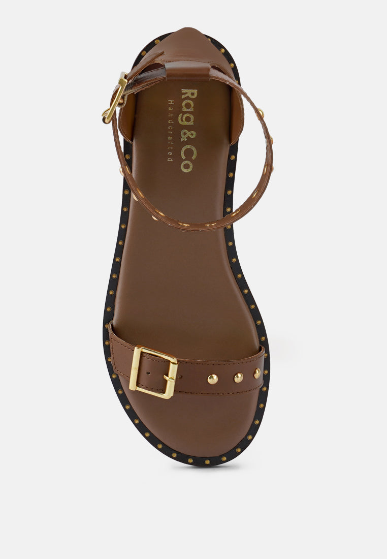 ROSEMARY Buckle Straps Tan Flat Sandals#color_tan