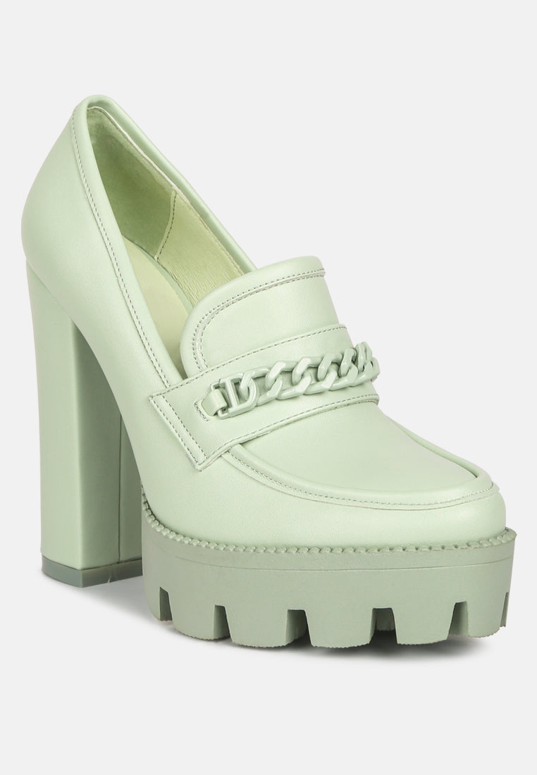 CORINNE Green Chain Embellished Chunky Loafers#color_green