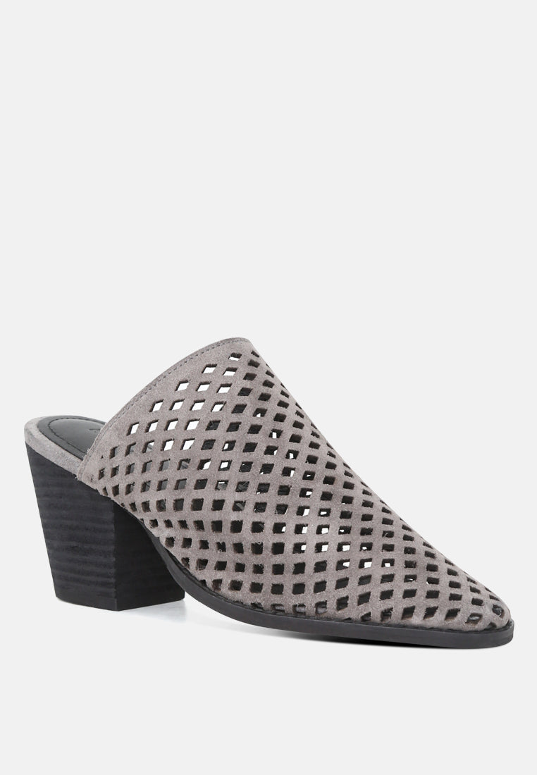 SIA Stacked Heel Laser-Cut Mules-Grey