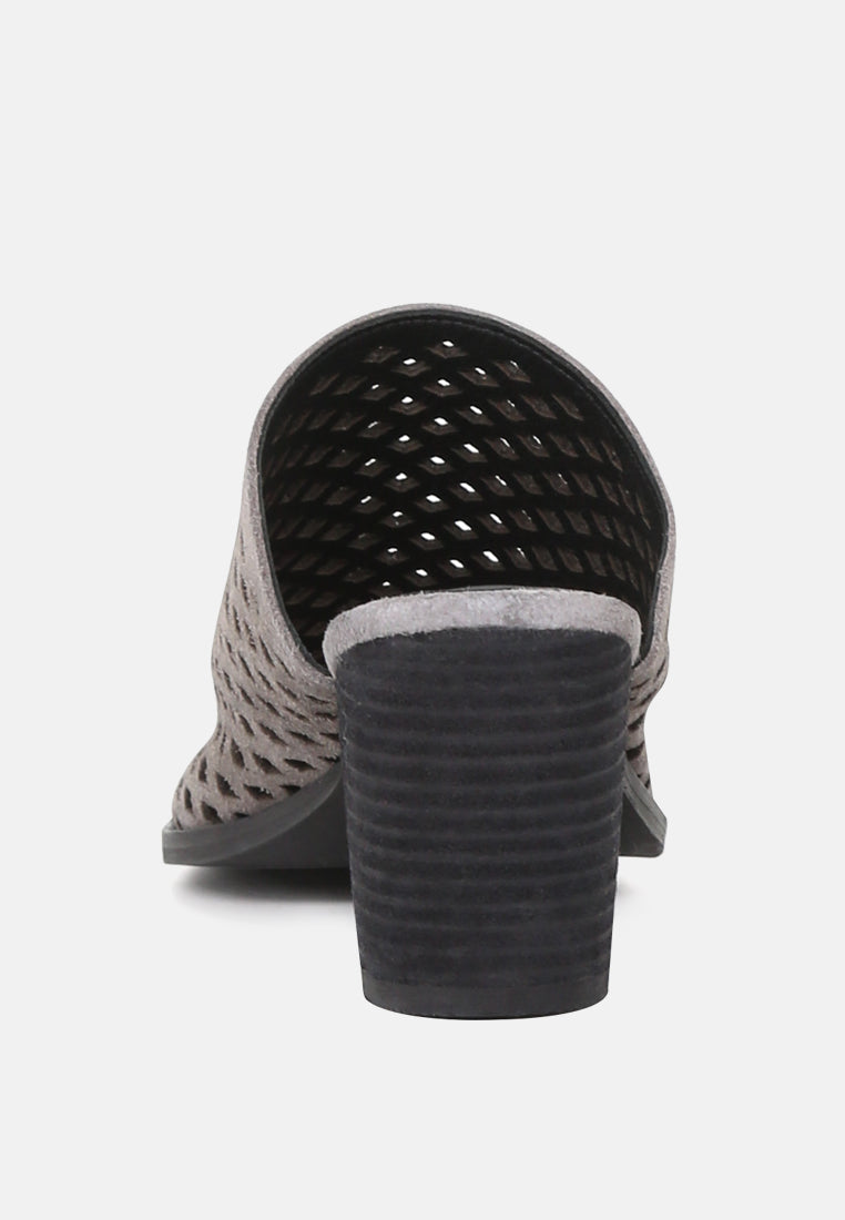 SIA Stacked Heel Laser-Cut Mules-Grey