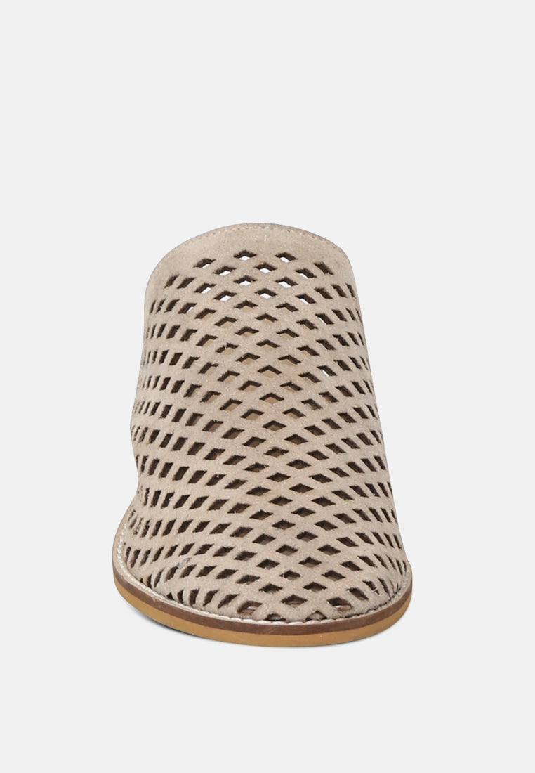 SIA Stacked Heel Laser-Cut Mules in Nude-