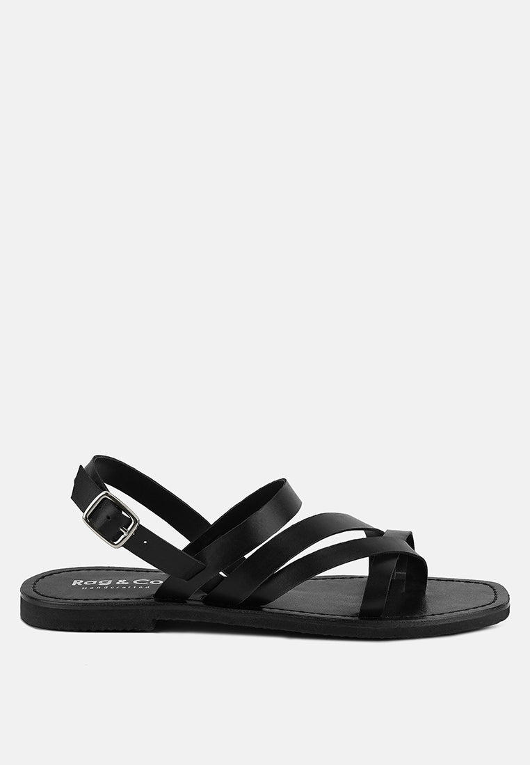 SLOANA Black Strappy Flat Sandals#color_black