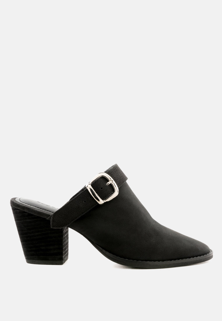 TARRAH Black Stacked Heel Mules with Adjustable Buckle-Black