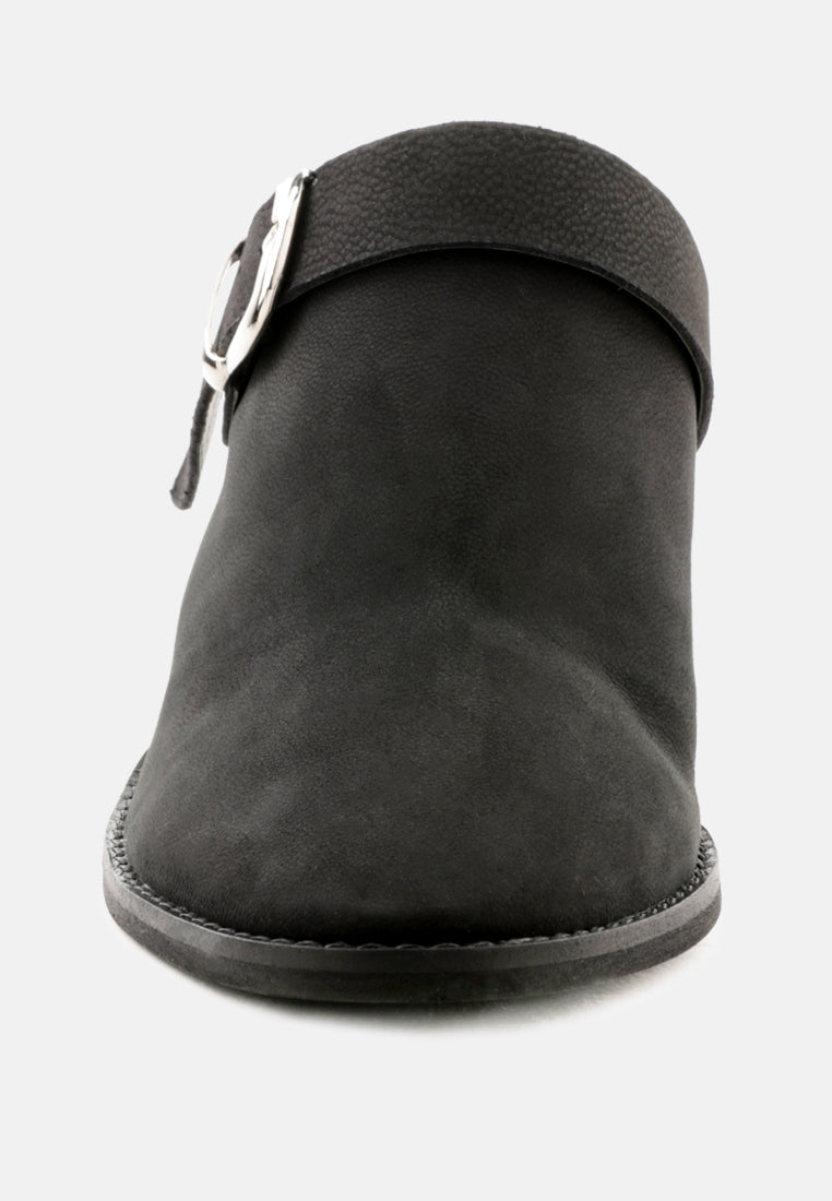 TARRAH Black Stacked Heel Mules with Adjustable Buckle-Black