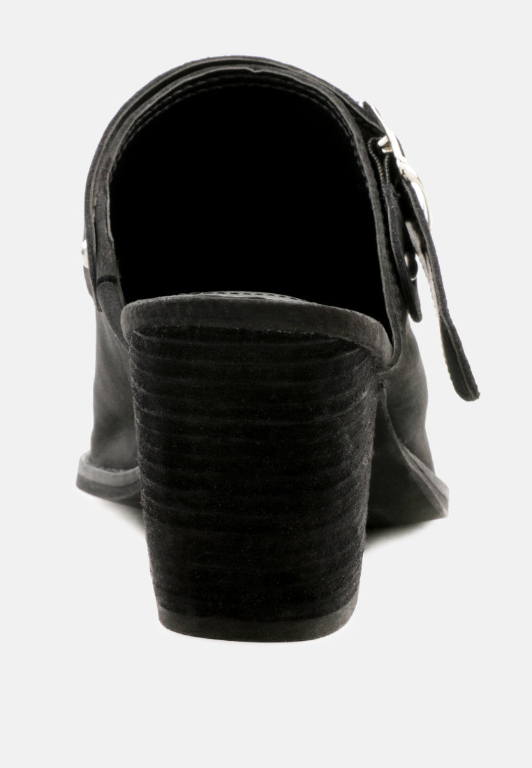 TARRAH Black Stacked Heel Mules with Adjustable Buckle-Black