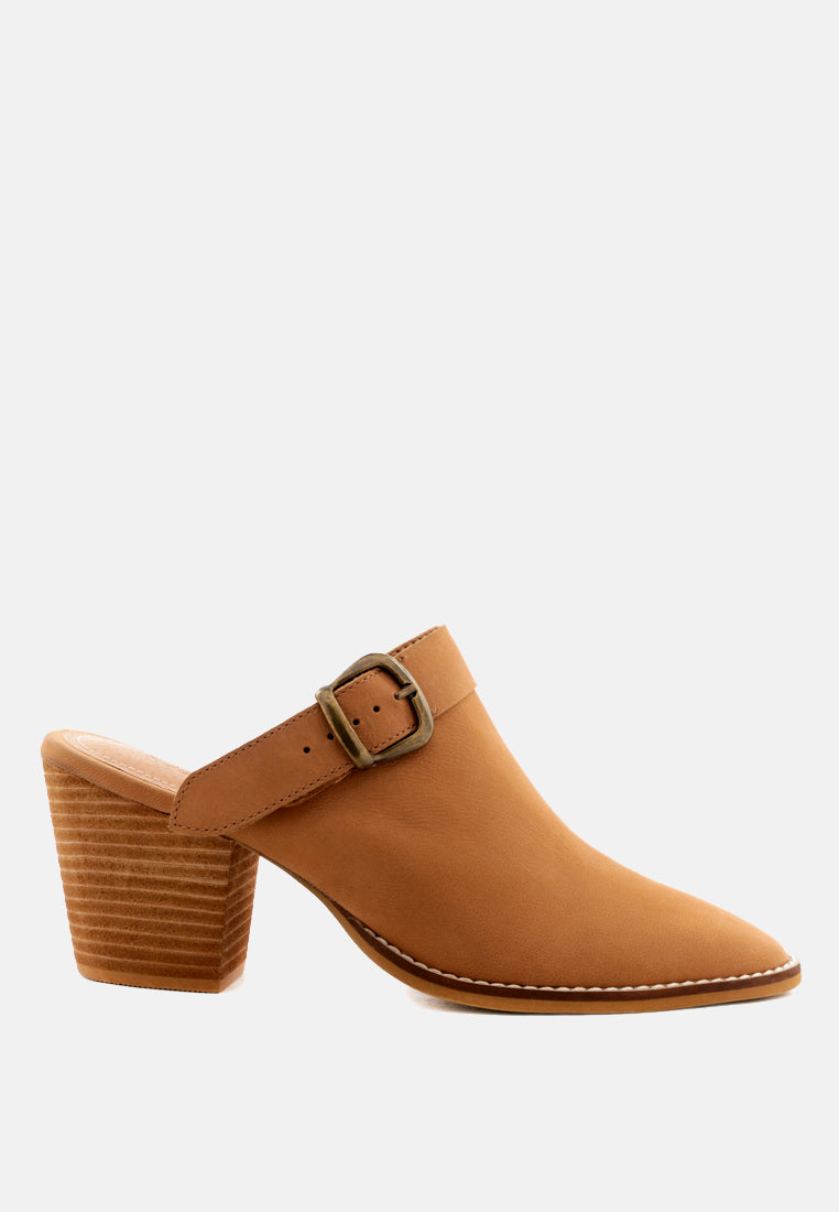 TARRAH Tan Stacked Heel Mules with Adjustable Buckle-Tan