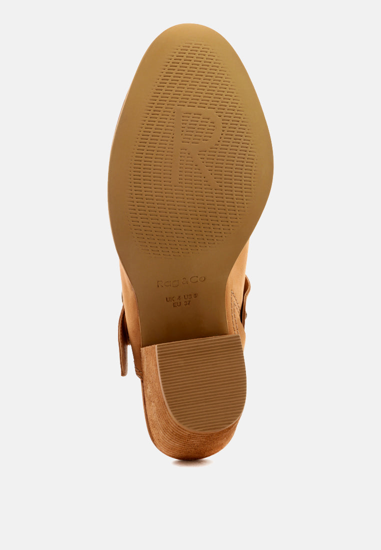 TARRAH Tan Stacked Heel Mules with Adjustable Buckle-Tan