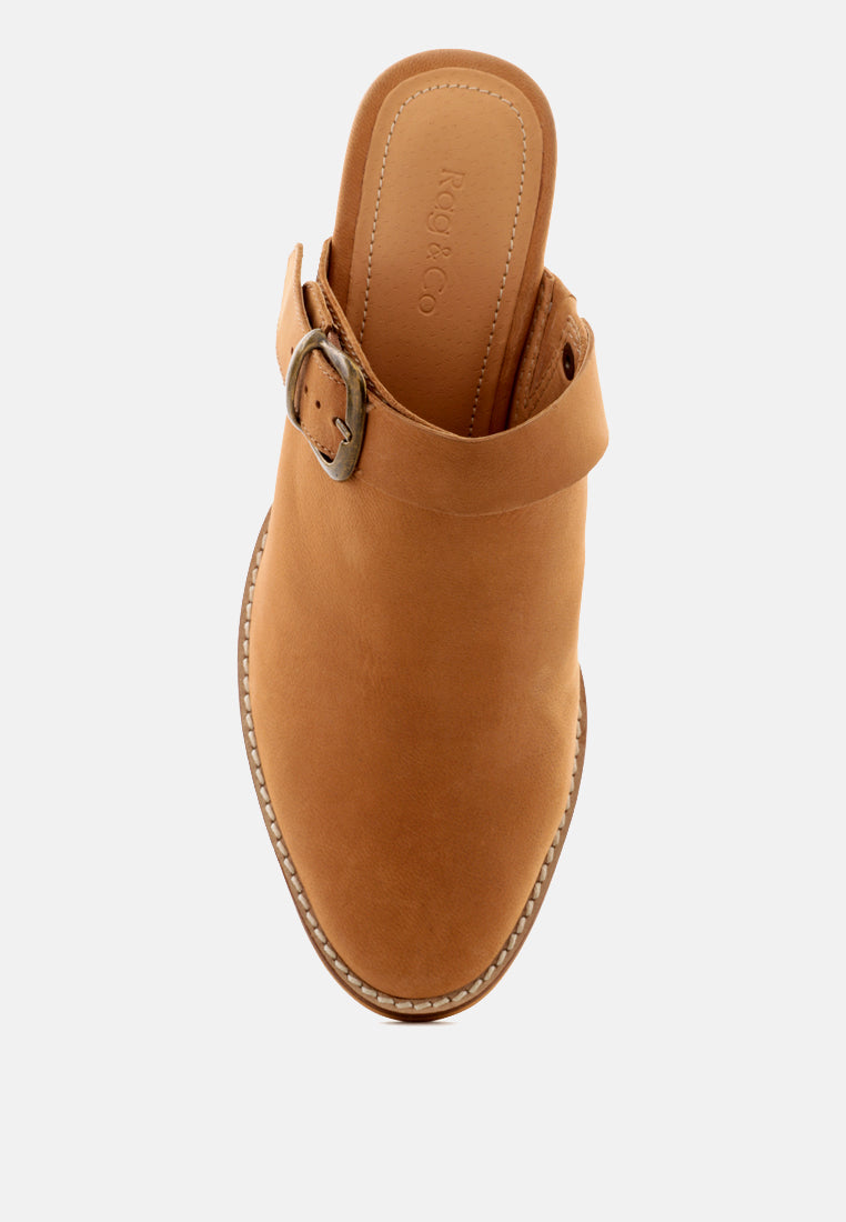 TARRAH Tan Stacked Heel Mules with Adjustable Buckle-Tan