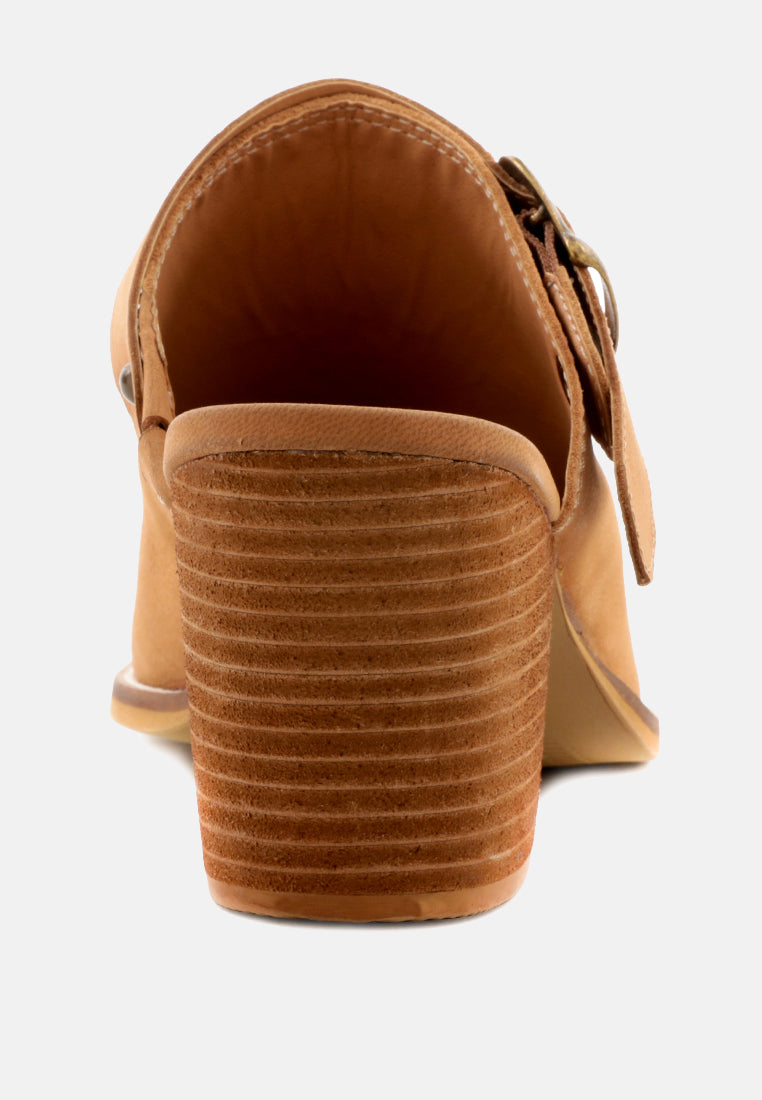 TARRAH Tan Stacked Heel Mules with Adjustable Buckle-Tan