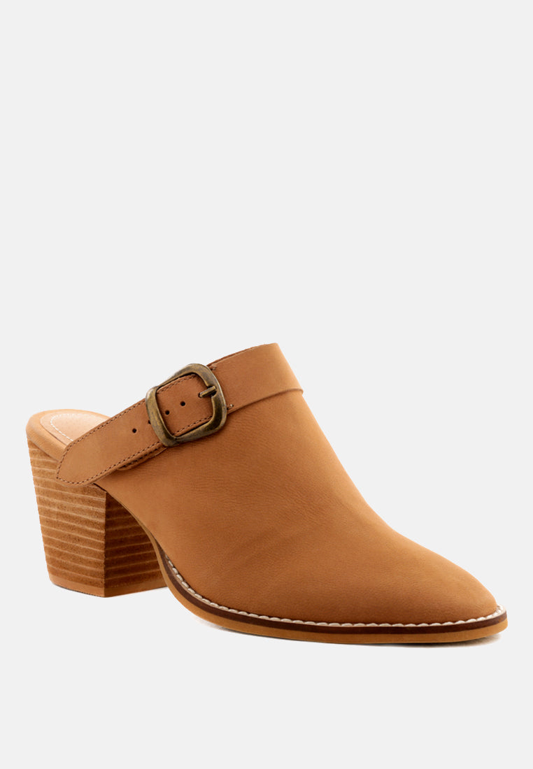 TARRAH Tan Stacked Heel Mules with Adjustable Buckle-Tan
