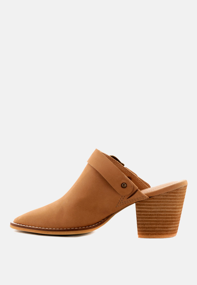 TARRAH Tan Stacked Heel Mules with Adjustable Buckle-Tan