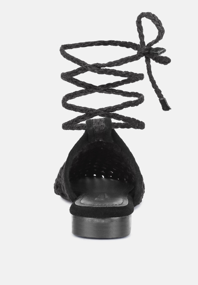 TUTSI Black Handwoven Honeycomb Cotton Tie Up Mule Flats#color_black