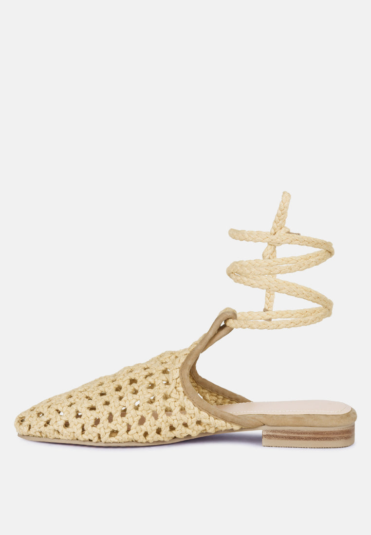 TUTSI Nude Handwoven Honeycomb Cotton Tie Up Mule Flats#color_nude