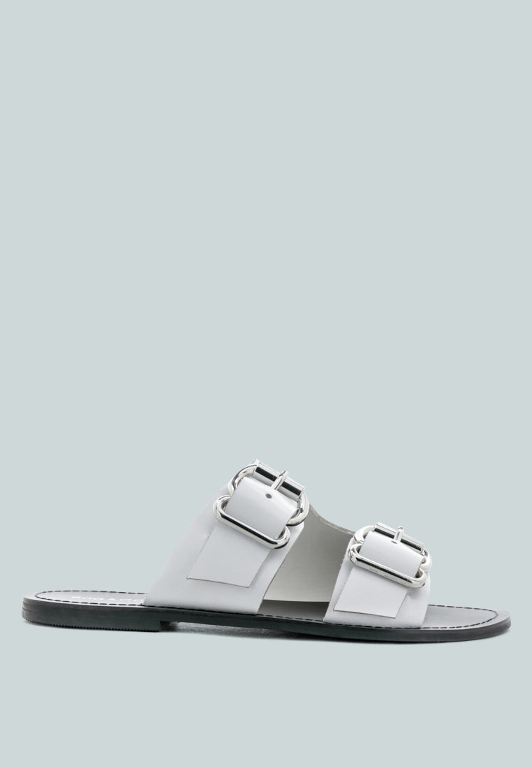 KELLY White Flat Sandal with Buckle Straps-White