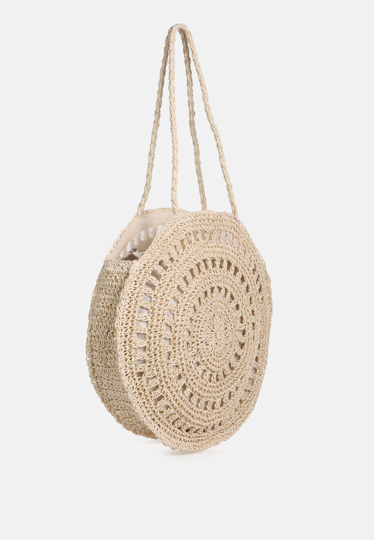 wild fiber handmade paper crochet round bag#color_beige