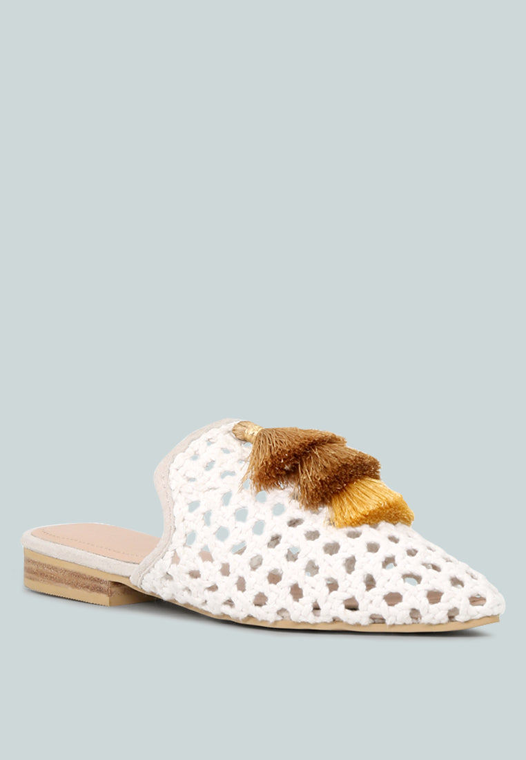 MIRIAM White Woven Metallic Tassel Flat Mules-White