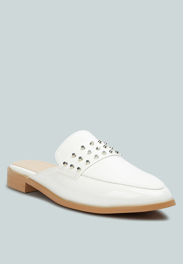 yashta white patent studded flat mules#color_white