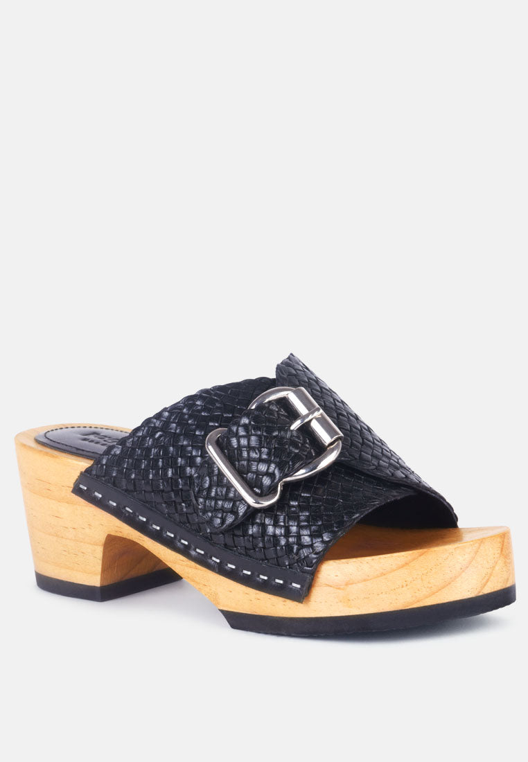 YORUBA Braided Black Leather Buckled Slide Clogs-Black