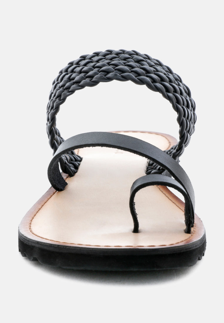 ZINA Black Braided Leather Flat Sandal-Black