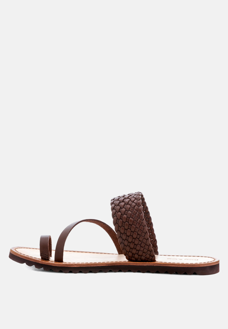 ZINA Brown Braided Leather Flat Sandal-Brown