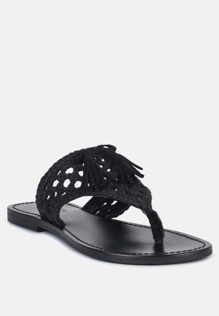 BEECH Handwoven Natural Black Suede Tassel Thong Flats_Black