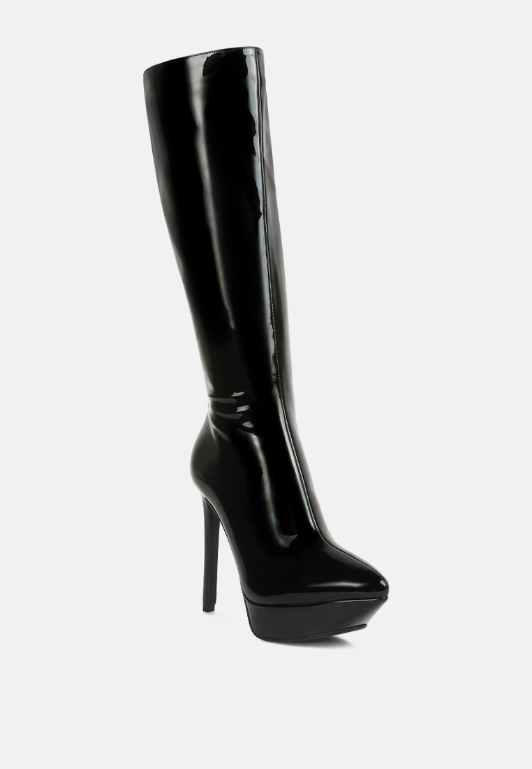 CHATTON Black Patent Stiletto Heeled Knee high Boots#color_black
