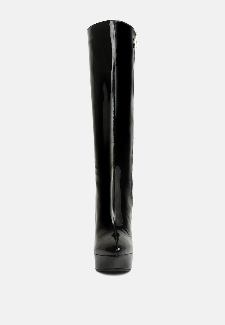 CHATTON Black Patent Stiletto Heeled Knee high Boots#color_black