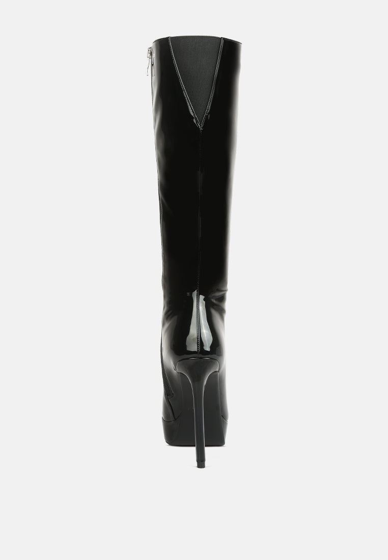 CHATTON Black Patent Stiletto Heeled Knee high Boots#color_black
