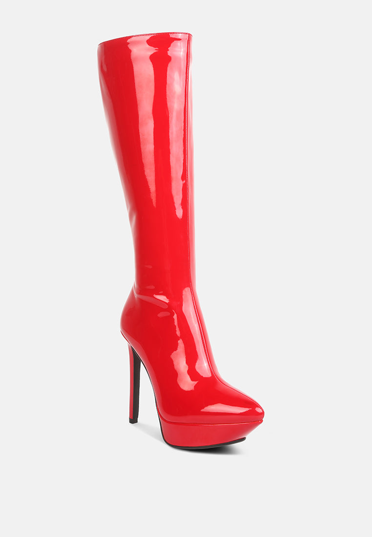 CHATTON Red Patent Stiletto Heeled Knee high Boots#color_red